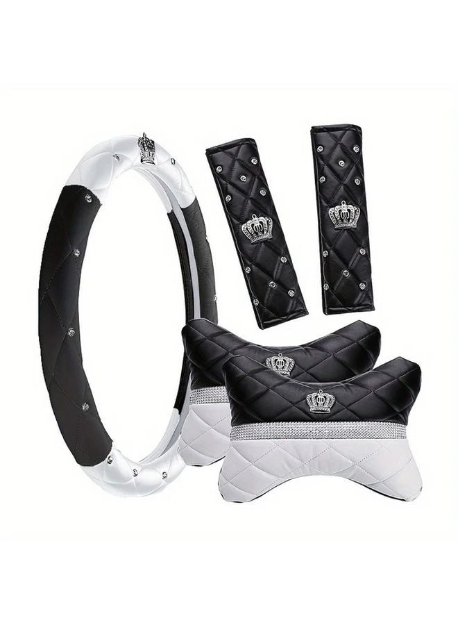 Five Piece Black Faux Leather Car Accessories Set Steering Wheel Cover Neck Pillow Armrest Cushions - Image 1